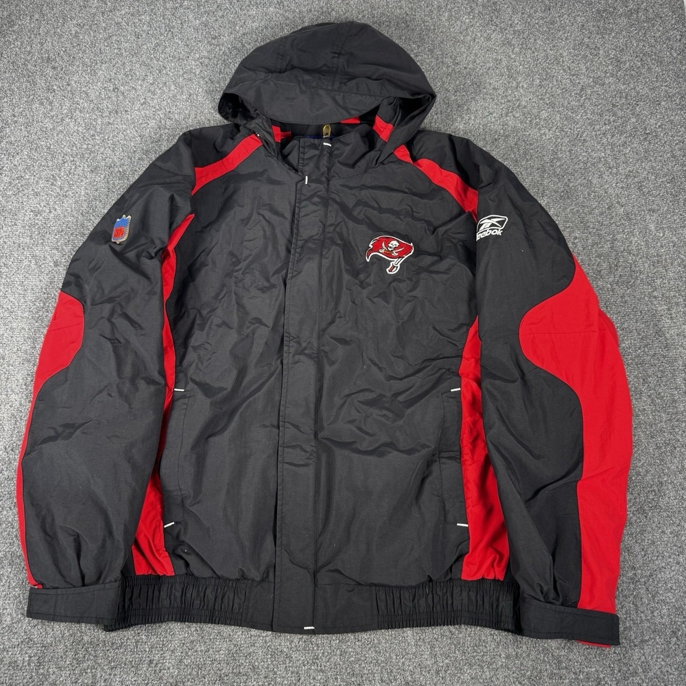 VTG Reebok Mens L Black Red Tampa Bay Buccaneers Jacket Windbreaker Pulloverโ